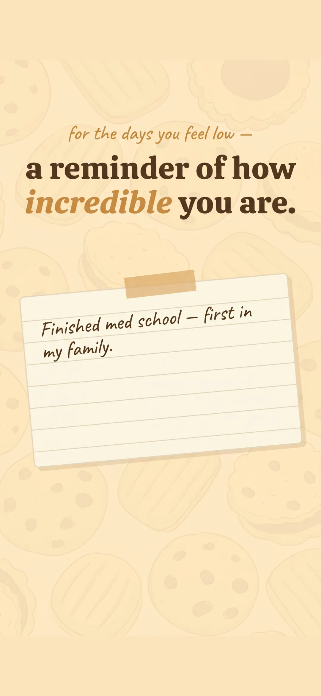 Writing a single win on a lined card: finished med school, first in my family